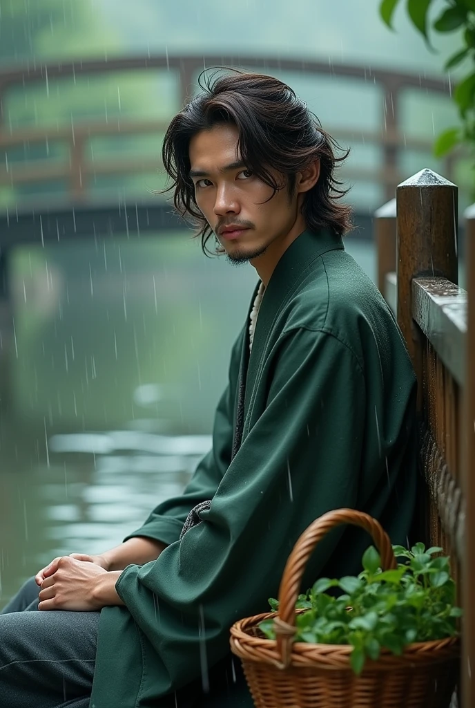 A handsome man in his 30s sits against a bridge with a basket of herbs in front of a lake during the rain. He is wearing a green Chinese haori. The man has long, slightly below-the-shoulder wavy brown hair and green eyes. His face is sharp, with cheekbones. His gaze is relaxed.