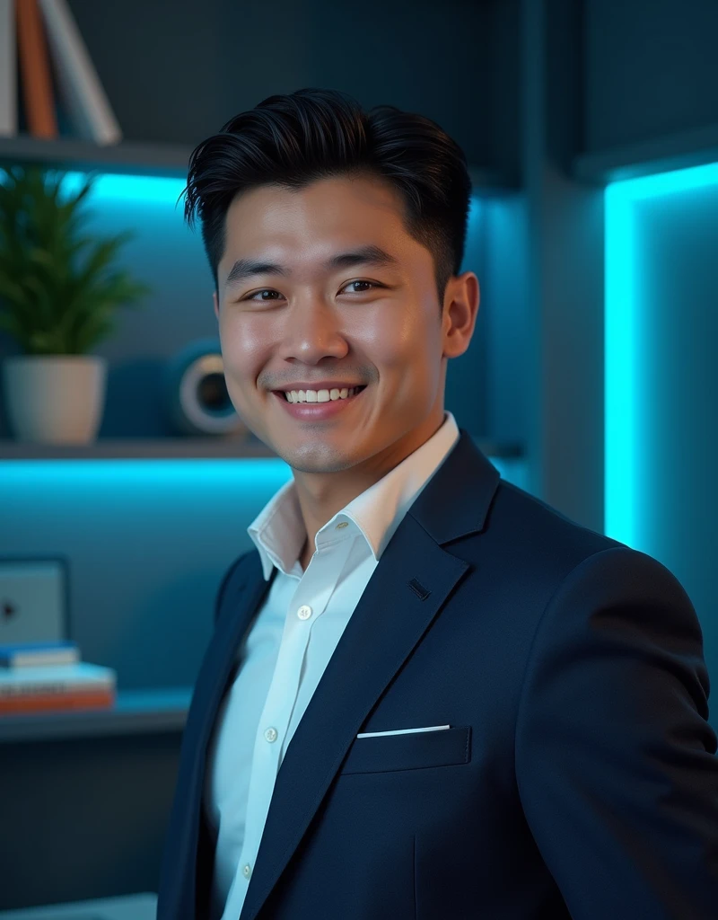 Generate an attractive businessman with a sharp jawline, confident smile, defined cheekbones, clear eyes, sleek hair, and a professional, focused expression, Young man, background light must be blue or book and plants or YouTube play button and a apple leptop