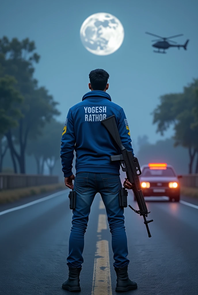 Make a hyper Realistic image a 1 stand on the road, the character wearing blue jaket and jeans pent , yogesh rathor name on the jaket, moon in the sky, the background is a pubg, car on the road, helicopter in the sky, the character holding m416 gum, and bage