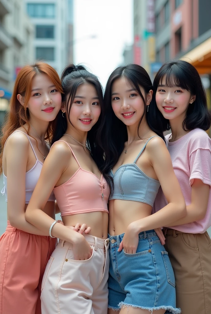  4 young female kpop idols are outside (1 person with long, slightly red blonde hair and has English facial features,and American Europe and have a tall body,blue eyes) (black hair in a ponytail) (one person with short black hair shoulder length and bangs). (full body photo)they face the camera while posing very happily 