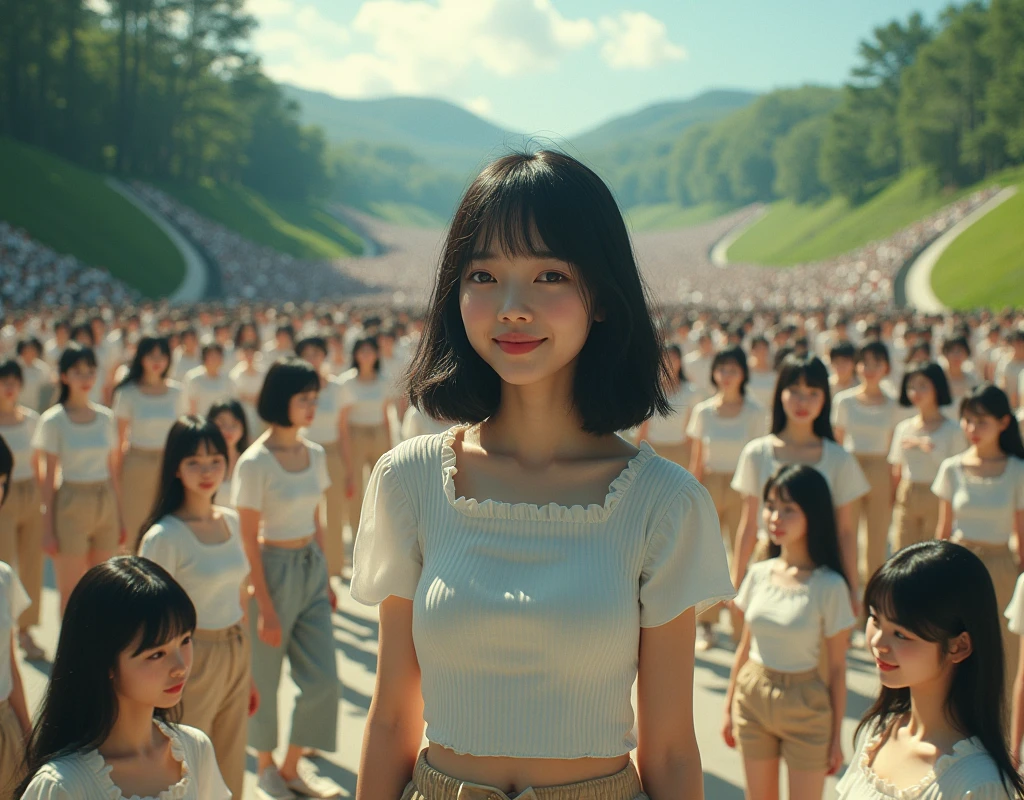 (((((Japanese Clone girls=Myself)))))), (((Best Super High quality Myself Clone girls Raw Photography Art))), (16K, Highest quality, Ultra-high resolution, RAW Photos), (((It's so unrealistic., With unparalleled depiction, With an unfathomable sight, An unprecedented and shocking worldview, Clone girls in a world of mass reproduction, Ultra-realistic))), (((Japanese, woman, 20yo, Yoshioka-riho))), (Small face, ((Thick black hair, Semi-long hair))), ((V-neck short-sleeve dress)), (((((Very beautiful detailed girls, Accurate body structure, Very detailed完璧な, Super busty body with very large breasts, Clearly emphasizes cleavage))))), (((Dark Eyes, Mature face, Cute Smile, A gentle gaze))), (((Very happy laughter is beautiful))), ((((((((Very detailed分身増殖描写, ((1girl→Myself cloning→1,000,000,000,000,000,000,000,000Myself Clone girls)))))))))), ((((((((Very detailed, The precise depiction of the proliferation of Myself Clone girls, ((With the perfectly identical bodies of Myself clone girls, With the exact same face as the Myself clone girls, With the exact same hairstyle as the Myself clone girls, In the exact same clothes as the girls who are my clones, Perfectly the same height as the Myself clone girls, Super big breasts, just like the Myself clone girls)))))))))), (((Myself clone girls only))), (((Very detailed, Myself clone girls multiplication, 1,000,000,000,000,000,000,000,000Myself Clone girls→100,000,000,000,000,000,000,000,000,000,000,000,000,000,000^1,000,000,000,000,000,000Myself Clone girls))), (((Very detailed描写で, (An embrace between self, Back to Back, Myself clone girls assemble, Fun conversations with fellow Myself clone girls, A fun conversation between Myself clone girls, Myself clone girls kissing each other everywhere, A passionate love affair between Myself clone girls, Myself clone girls holding hands)))), (((looking at the camera))), (((Unbelievably crowded, Transcendent Myself clone girls intimately, Countless Myself clone girls surround you in 360 degrees))), (Bright, soft sunlight), (((Very wide field of view, Very detailed, Detailed ultra-perspective depiction with clear depth))), (((((Landscape with a curved slope))))), (((Very photographic and detailed depiction, Myself clone girls will multiply infinitely and fill the surroundings from one side to the horizon with their bodies tightly packed together without any gaps., A scene of endless Myself clone girls and a fun atmosphere))), (Focus on the average value of the image)