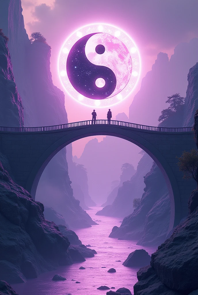Logotype, movie tittle, said "genesis no armageddon", is a fantasy action adventure logo, violet, ying-yang behind, a crystal bridge over a light violet river behind the logo