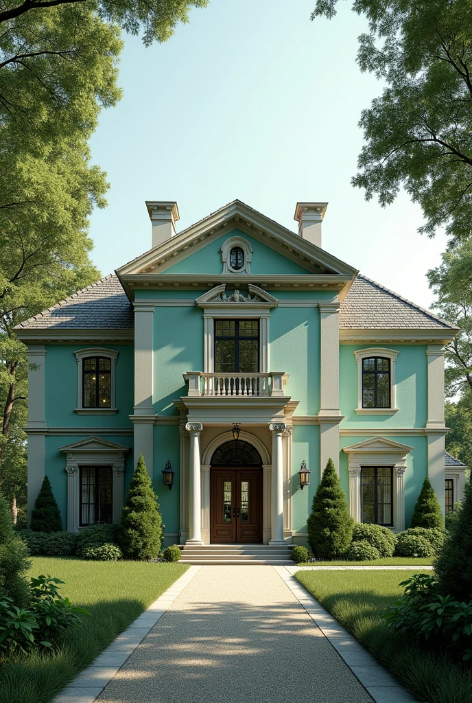 A house with a grat canopy with mint green wall and neutral colored bricks