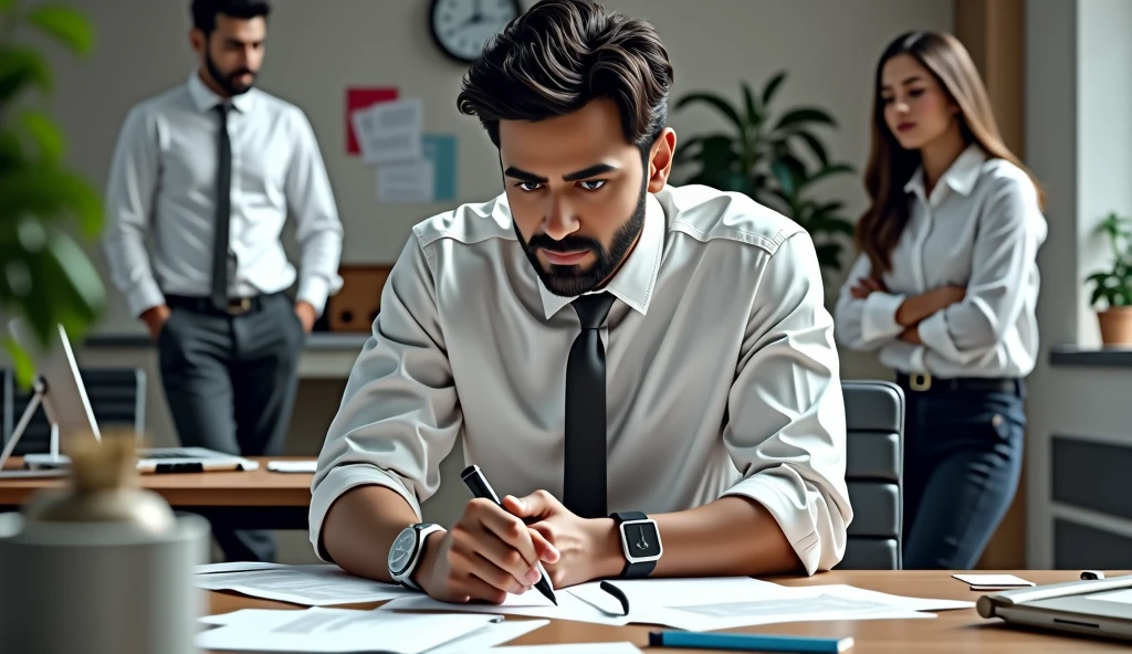 Vijay in His Office, Working Diligently: Show Vijay at his desk, surrounded by paperwork, deeply focused on his tasks. His colleagues in the background look impressed, and his boss is smiling approvingly.
