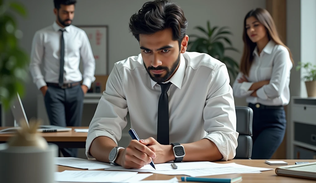 Vijay in His Office, Working Diligently: Show Vijay at his desk, surrounded by paperwork, deeply focused on his tasks. His colleagues in the background look impressed, and his boss is smiling approvingly.