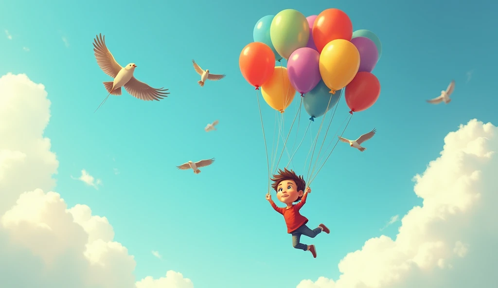 But as max the chased the birds in the sky, the balloons holded by max carried him higher and higher over the sky! Max giggled but also began to feel a little scared
