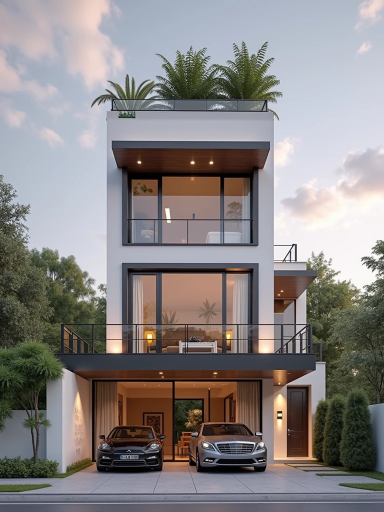 masterpiece, 4k pixels, High quality, Best quality, Realistic, Super detailed, Outdoors, 3 story villa, white wall, road, sidewalk, trees, Sky, clouds, (light daytime:1.1), Increase image clarity, Modern style, Modern style townhouse render(corona:1.1)