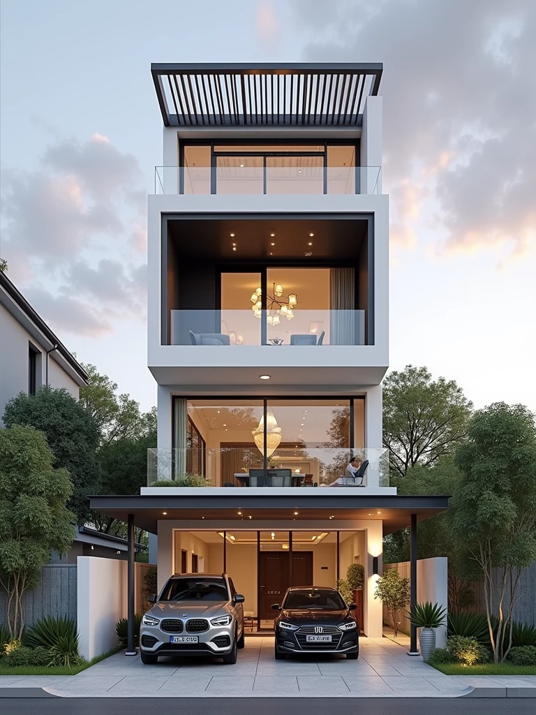 masterpiece, 4k pixels, High quality, Best quality, Realistic, Super detailed, Outdoors, 3 story villa, white wall, road, sidewalk, trees, Sky, clouds, (light daytime:1.1), Increase image clarity, Modern style, Modern style townhouse render(corona:1.1)