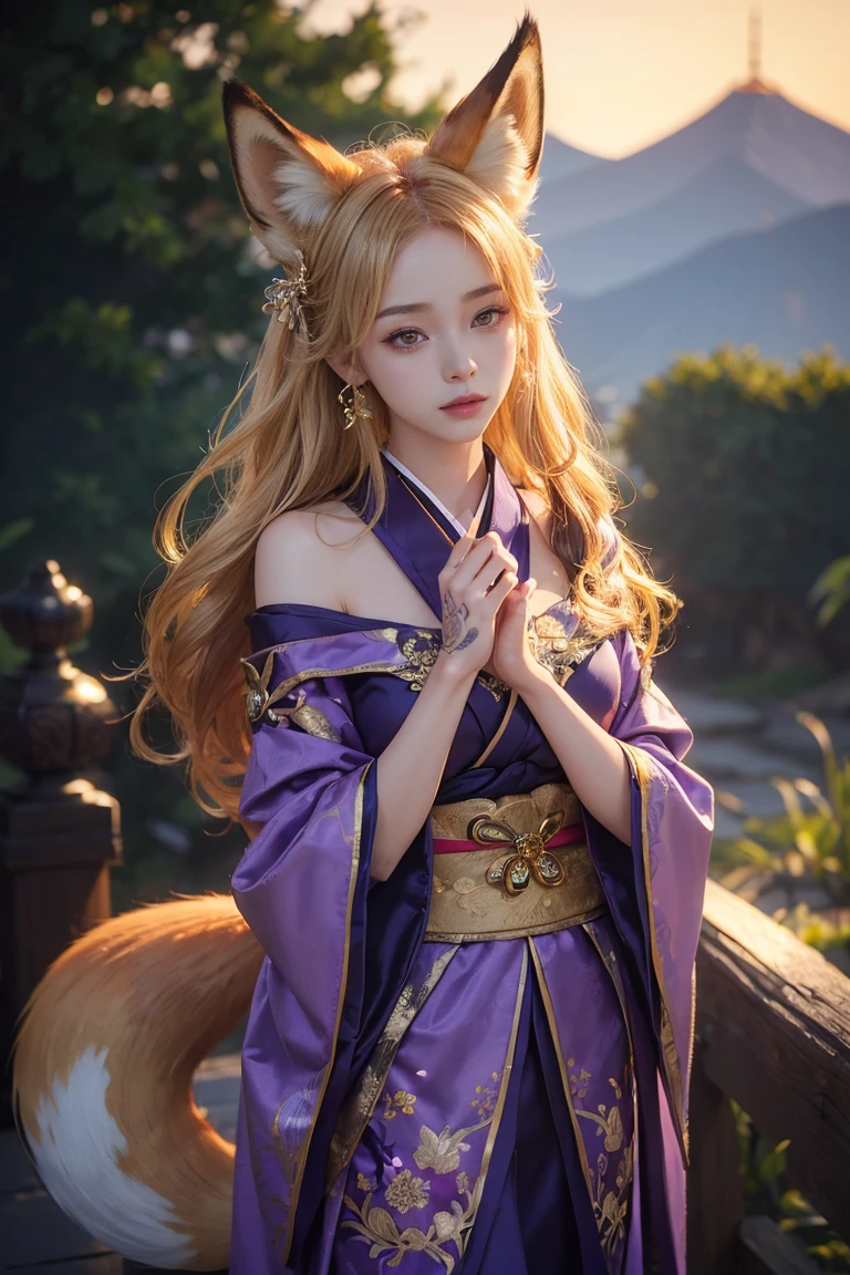 ( Absurdly , high quality , Very detailed,View Photographer)、(((Gold Hair、Fox Ears)))、Queen of the Foxes、A gorgeous Japanese kimono, beautifully colored down to the last detail、A gorgeous costume modeled after the fox god、hair ornaments、Earrings、Gloves、((Tattoo))、(masterpiece, 最high quality, 最high quality, Official Art, Beauty and aesthetics: 1.2), (One person: 1.3)、((Purple accent))、Background of the sun

