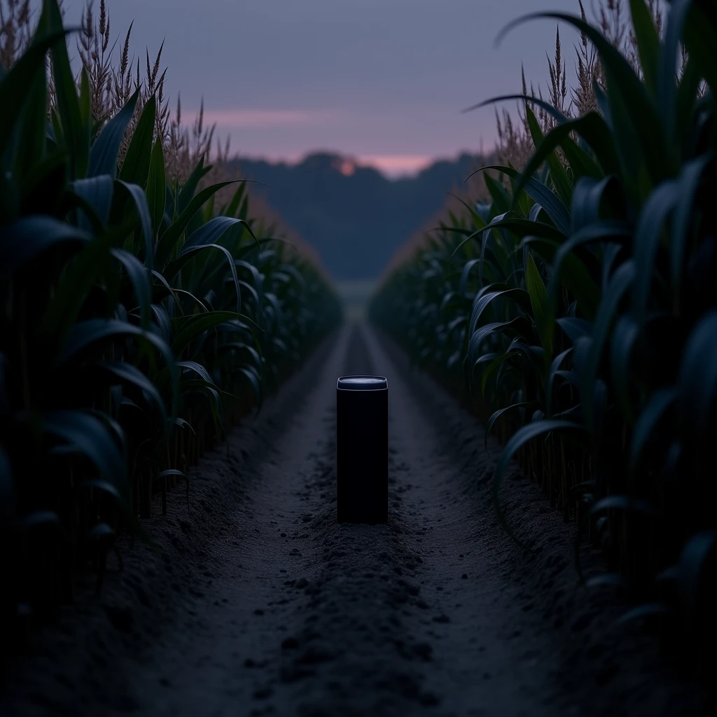 A high-quality image of a narrow dirt path cutting through tall, dense stalks of corn at dusk. The sky is a deepening shade of purple, creating a mysterious and eerie atmosphere. In the middle of the path, there is a modern black portable speaker standing upright, slightly illuminated by the fading light. The speaker contrasts with the natural surroundings, adding a surreal and unsettling touch to the scene. The overall atmosphere is quiet, with an eerie stillness, capturing the essence of liminal spaces.
