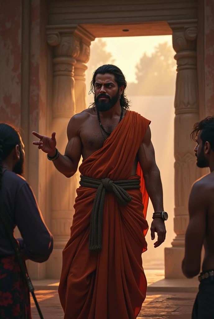 "Depict Veer with a look of growing frustration and anger. His eyebrows are furrowed, and his lips are set in a tight line. He is gesturing with one hand, possibly pointing towards the exit, as he argues about the importance of his work and his disbelief in the rituals. The background shows the serene temple contrasting with Veer's modern, pragmatic world view