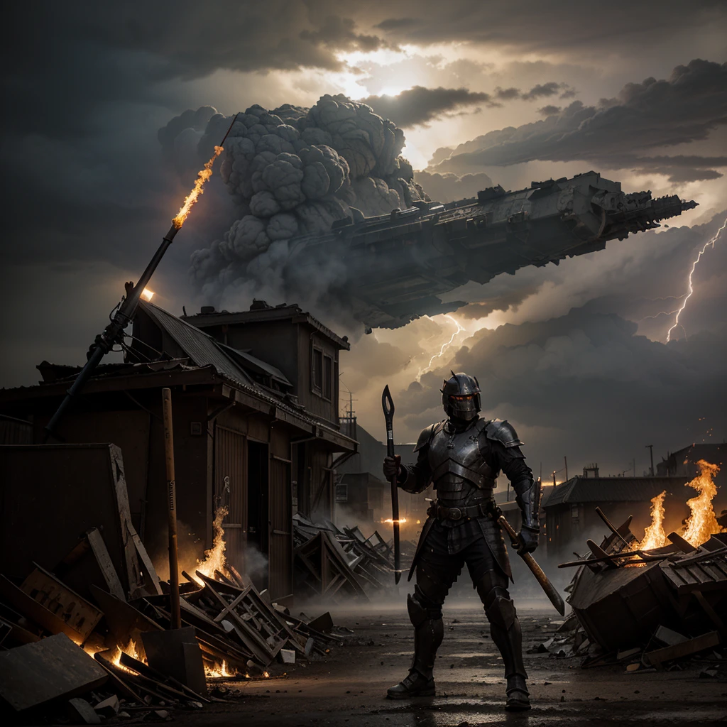 A armored horsemen of the Apocalypse holds a large sledgehammer in his hands in the air, a warg at his side ,burning city in background during thunderstorm