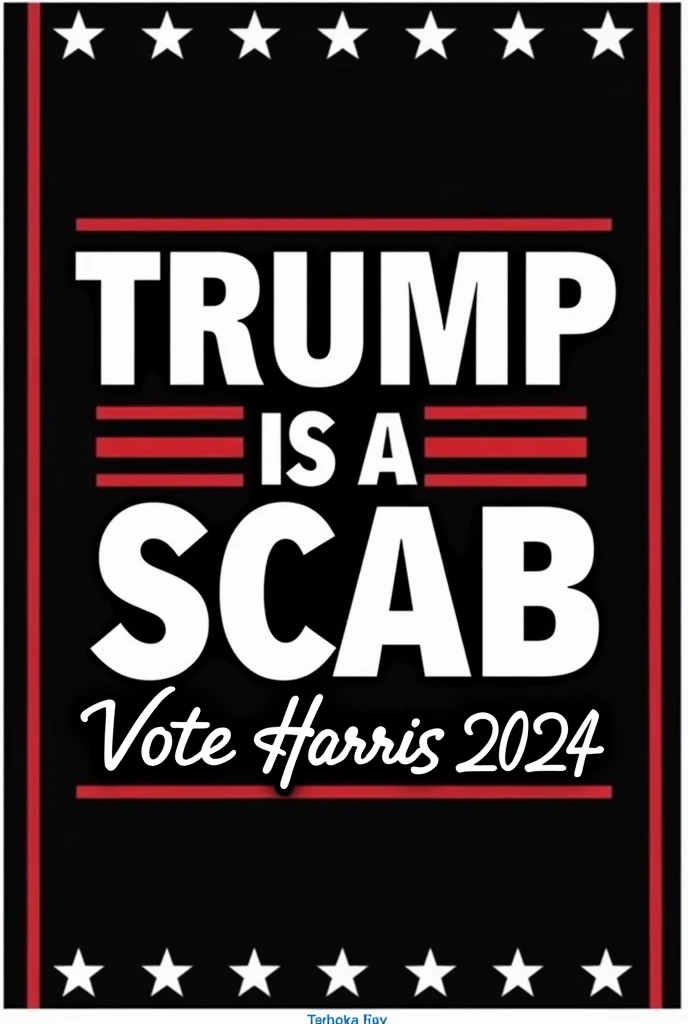 A bold political statement design featuring the text "TRUMP IS A SCAB" in large, uppercase white letters. The text is centered and framed by red horizontal lines above and below, with white stars evenly spaced within the red lines, giving it a patriotic look. Below this main message, the text "VOTE HARRIS 2024" is written in a smaller, more elegant script font, also in white. The background is black, creating a strong contrast that makes the message stand out. The design combines a serious, impactful tone with a touch of campaign style, urging viewers to support Harris in the 2024 election. white background