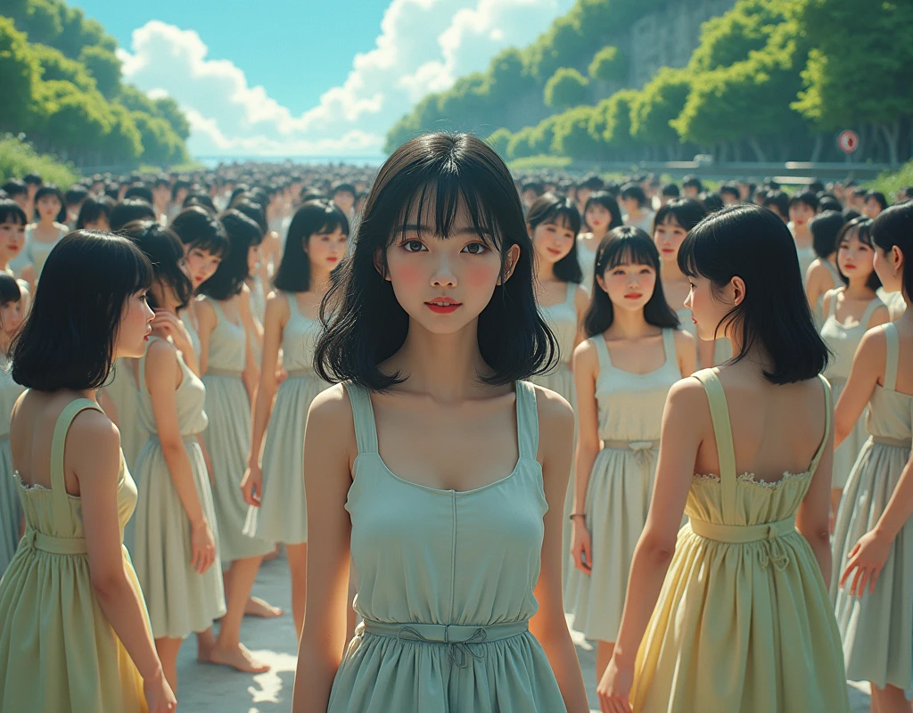 (((((Japanese Clone girls=Myself)))))), (((Best Super High quality Myself Clone girls Raw Photography Art))), (16K, Highest quality, Ultra-high resolution, RAW Photos), (((It&#39;s so unrealistic., With unparalleled depiction, With an unfathomable sight, An unprecedented and shocking worldview, Clone girls in a world of mass reproduction, Ultra-realistic))), (((Japanese, woman, 20yo, Yoshioka-riho))), (Small face, ((Thick black hair, Semi-long hair))), ((V-neck short-sleeve dress)), (((((Very beautiful detailed girls, Accurate body structure, Very detailed完璧な, Super busty body with very large breasts, Clearly emphasizes cleavage))))), (((Dark Eyes, Mature face, Cute Smile, A gentle gaze))), (((Very happy laughter is beautiful))), ((((((((Very detailed分身増殖描写, ((1girl→Myself cloning→1,000,000,000,000,000,000,000,000Myself Clone girls)))))))))), ((((((((Very detailed, The precise depiction of the proliferation of Myself Clone girls, ((With the perfectly identical bodies of Myself clone girls, With the exact same face as the Myself clone girls, With the exact same hairstyle as the Myself clone girls, In the exact same clothes as the girls who are my clones, Perfectly the same height as the Myself clone girls, Super big breasts, just like the Myself clone girls)))))))))), (((Myself clone girls only))), (((Very detailed, Myself clone girls multiplication, 1,000,000,000,000,000,000,000,000Myself Clone girls→100,000,000,000,000,000,000,000,000,000,000,000,000,000,000^1,000,000,000,000,000,000Myself Clone girls))), (((Very detailed描写で, (An embrace between self, Back to Back, Myself clone girls assemble, Fun conversations with fellow Myself clone girls, A fun conversation between Myself clone girls, Myself clone girls kissing each other everywhere, A passionate love affair between Myself clone girls, Myself clone girls holding hands)))), (((looking at the camera))), (((Unbelievably crowded, Transcendent Myself clone girls intimately, Countless Myself clone girls surround you in 360 degrees))), (Bright, soft sunlight), (((Very wide field of view, Very detailed, Detailed ultra-perspective depiction with clear depth))), (((((Landscape with a curved slope))))), (((Very photographic and detailed depiction, Myself clone girls will multiply infinitely and fill the surroundings from one side to the horizon with their bodies tightly packed together without any gaps., A scene of endless Myself clone girls and a fun atmosphere))), (Focus on the average value of the image)