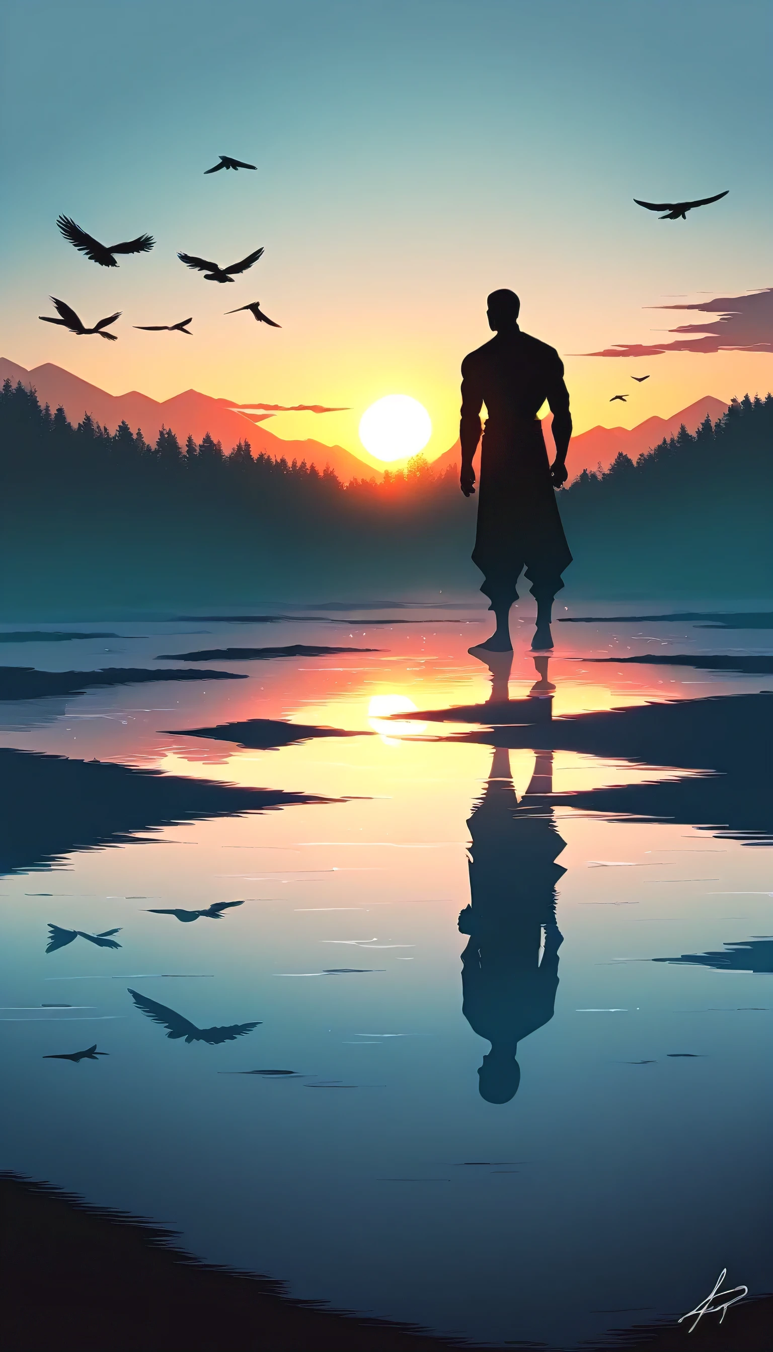 A Strong man in a black bodysuit stands in the smoke, Priapus, Dark Black, Dark black skin, Buzz Cut, His muscles are very developed, Very tall, short hair, Blend into the smoke, Lake, Reflection, Sunset, Sunset, Bird, plum bossom, Man silhouette, Chinese, black and white, Simple style