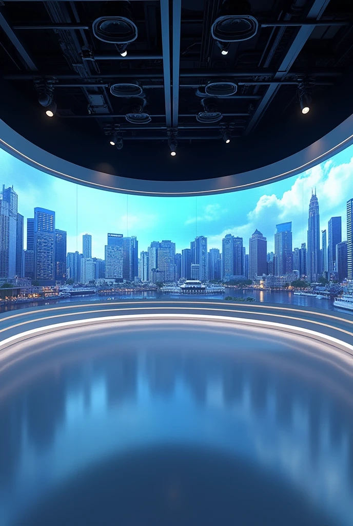 An image that looks like a news broadcast,It contains a large curved electronic screen,No characters in it,There is only one scene