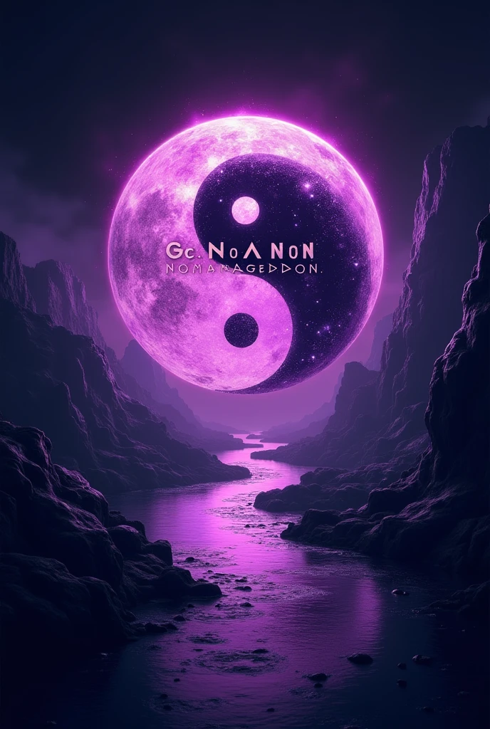 Logotype, movie tittle, said "genesis no armageddon", is a fantasy action adventure logo, violet, ying-yang behind, a light violet river behind the logo