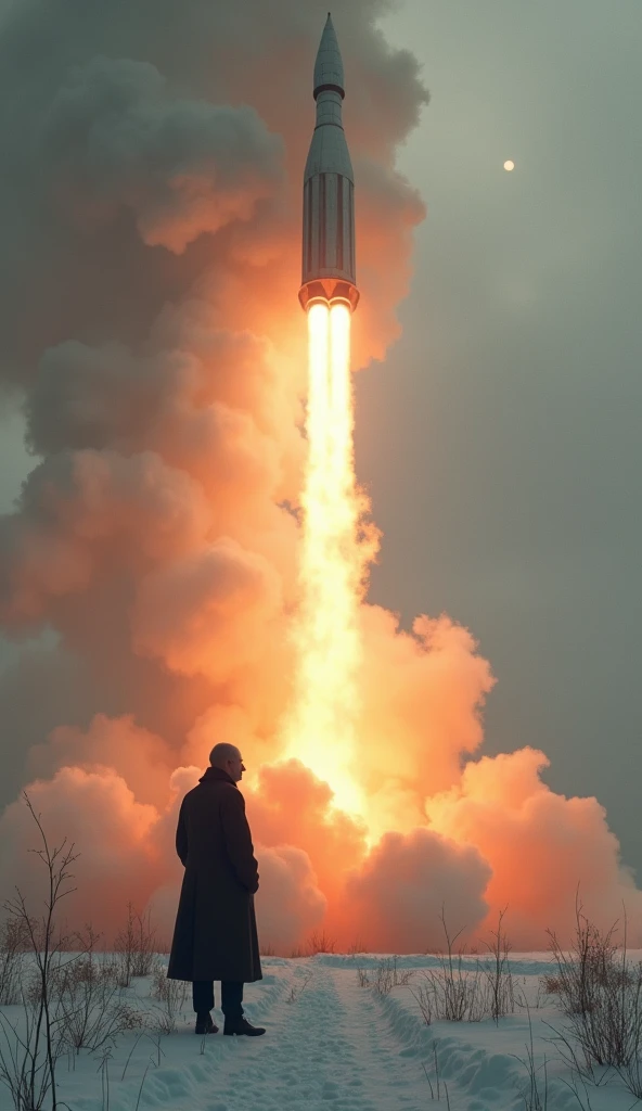 The rocket soars into the sky, leaving behind a thick trail of smoke and bright flames. The snowy ground below contrasts with the fiery exhaust. The overcast sky parts slightly as the rocket climbs higher, symbolizing the breakthrough moment. In the background, Robert Goddard watches with a mix of awe and satisfaction as his creation defies gravity."