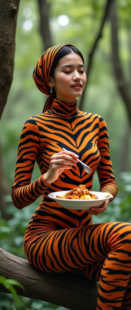 The most beautiful,thin,most pretty and clever Asian muslimah adult girl wears sunda clouded leopard print lycra turtleneck unitard catsuit covered with many spots.She always wear sunda clouded leopard print lycra dancewear stretchy square hijab covered with many spots.She sits on the metal chair to eat salad chicken sandwiches in the restaurant.