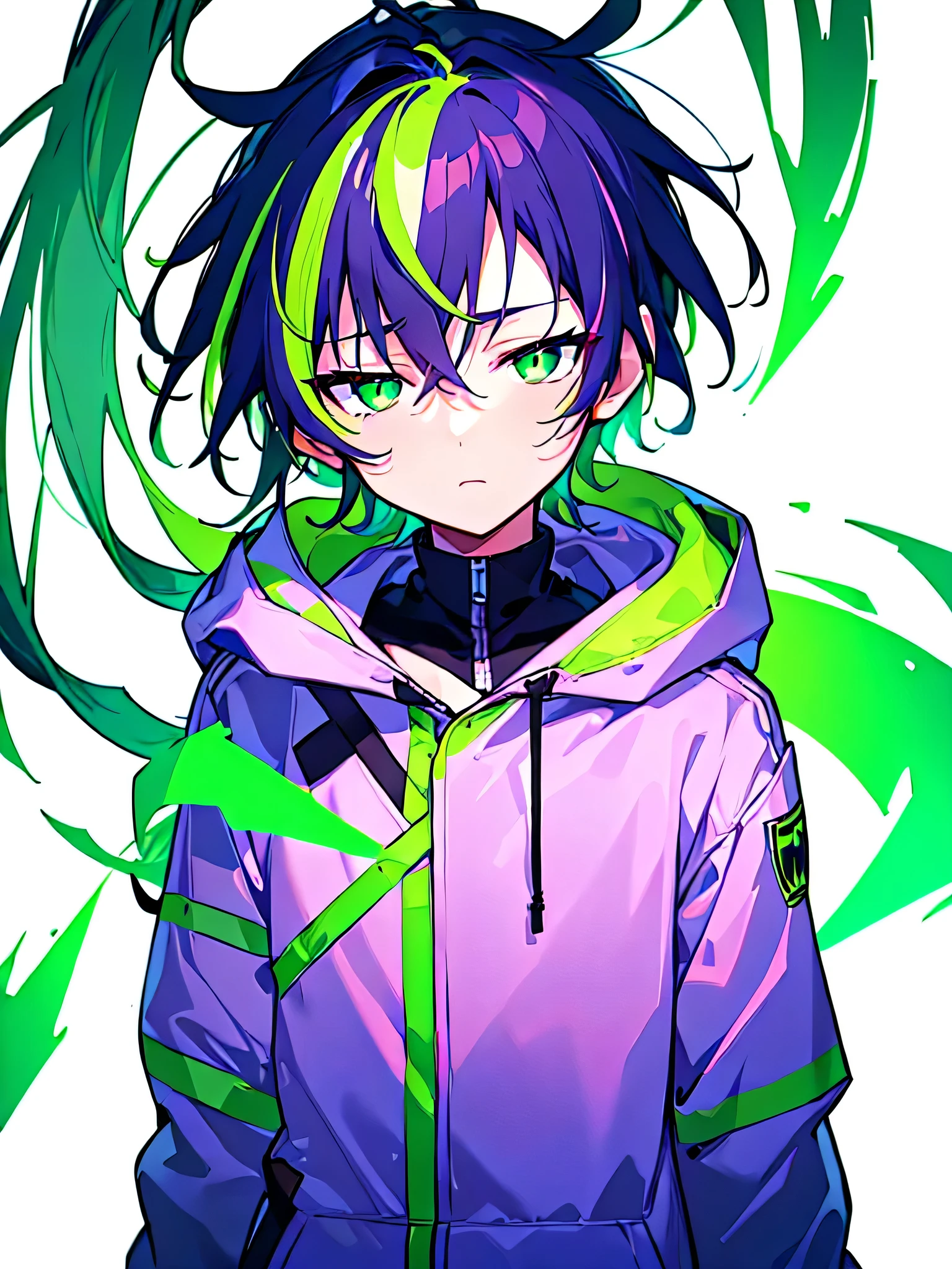 [(WHITE BACKGROUND:1.5),::5], ((((masterpiece)))), high quality, ultra very high resolution, full color, (((solo))), ((little boy)), Purple hair, ((Green streaked hair)), (Green eyes), anime, ((upper body)), neon light, black parka, 