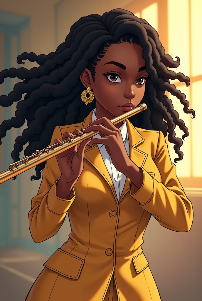 Black anime girl with locs and wearing a gold high school uniform with earrings using body gestures playing the flute anime style