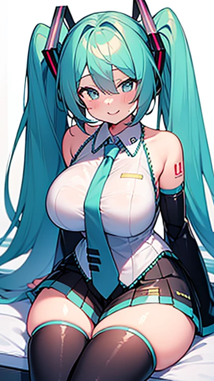 mikudef, Smile Blush (Very large breasts:1.4) (Curvy body type) Sitting Bed