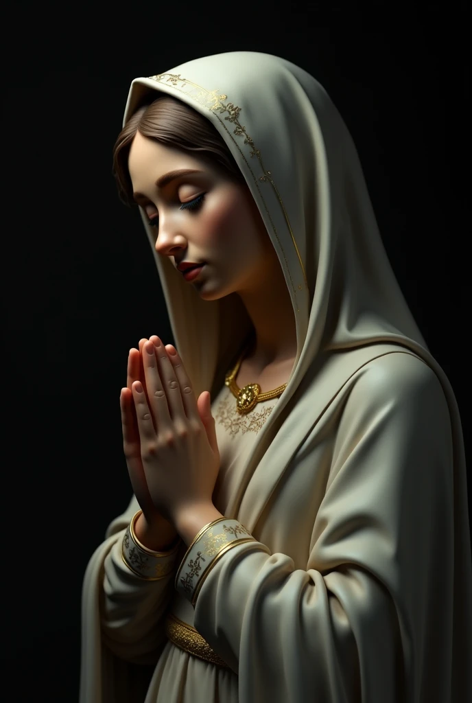 Virgin mary praying 4k image as in dark background and facing as in 75 degree angle