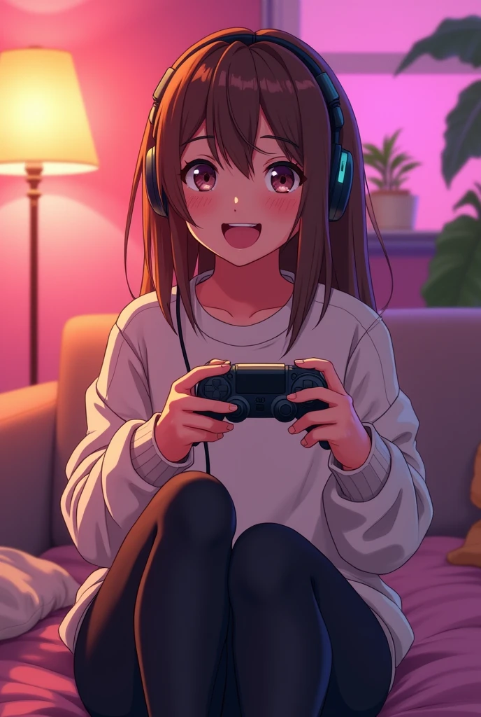 Anime gamer girl with a taned skin,brown hair, brown eyes,a Controllers in is hand,a pink room
she smile and she wear a sweat-shirt and a black Leggings