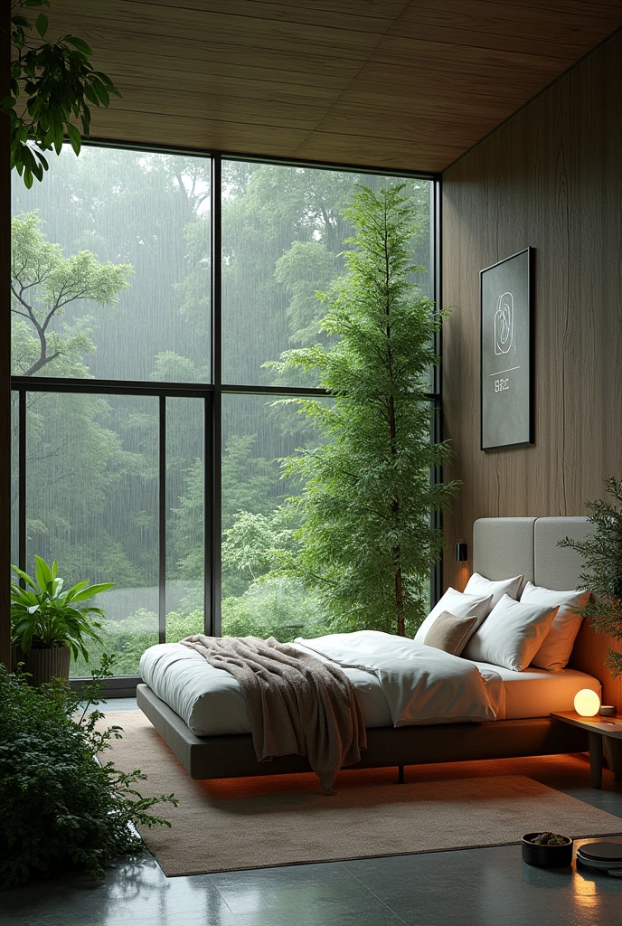 A modern big bedroom outside rain in forest hill