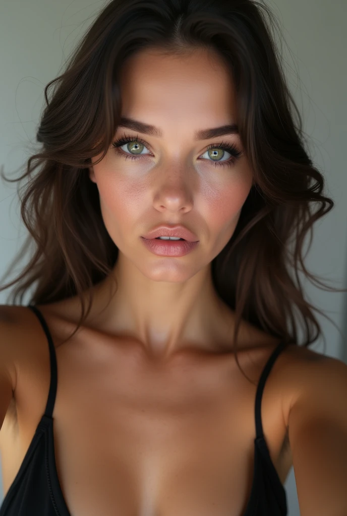 young woman of 2 , seflie. ultra detailed face , tetas grandes ,Low-cut . ultra detailed nordic eyes , eyes 4k, Texture de la peau, hyperdetailed, réaliste Texture de la peau, best quality, ultra high resolution, (Photorealistic: 1.4), high resolution, photo iphone 15 pro max,vue sur Low-cut seins , posture sexy obscene ,