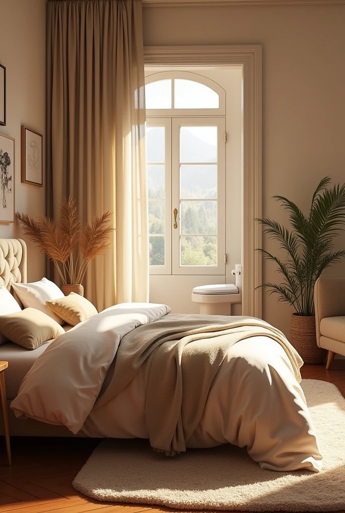 A bed is placed so that the headboard faces the bathroom.