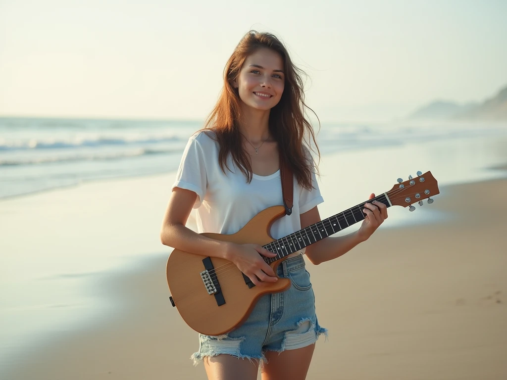 fot, taken from a distance that shows the entire body, She is very young, plein-air, em uma praia, short mini skirt and t-shirt, medium hips, Caucasian skin, sad for a lost love, long brown hair, a softened wry smile - contained excitement, Soft lighting on your face, realistic skin-clothes-hair textures, sky blue eyes carpeted mist, beautiful real textures and delicate aesthetics, full body view, playing guitar, notable for natural feminine beauty, noise, 8 k quality, FOTO RAW, by professional photographer, rule of thirds, Extremely Detailed