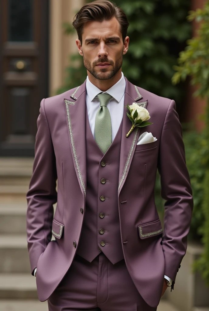 A dusty purple wedding suit with sage green accents