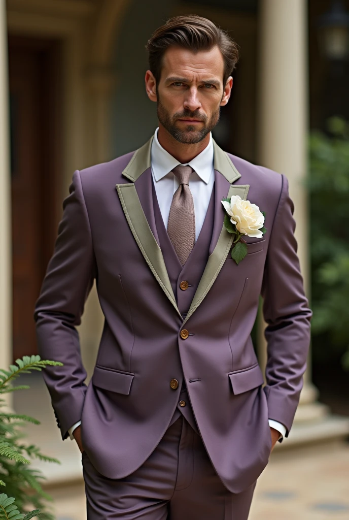 A dusty purple wedding suit with sage green accents
