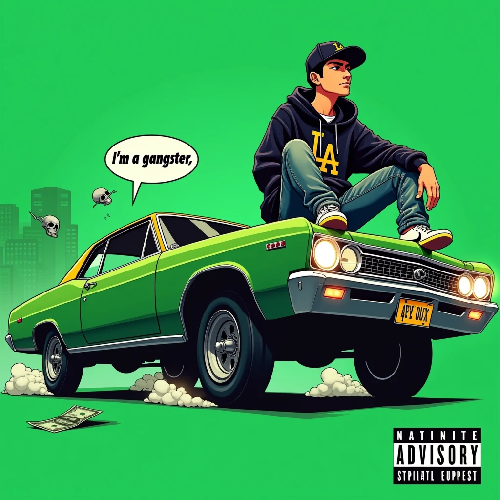 Image of a man sitting on the bonnet of a car, Yoshihiko Wada's album cover, winner of the behance contest, Doodle, official artwork, rap album cover, hip - hop album art cover, colored album art, hip hop music album cover, rap album cover art, official fanart, GTA Cover, hip hop album cover, album art cover, Cartoon character, oriental boy, Running car, Green background, green tea, Deep pressed black LA ball cap, white nike shoes, Black LA Hoodie, Baggy jeans worn down, black neighborhood, Skull, drug, The city seen from behind, korean, white smoke, Headlight light, Troublemakers, Bad boy, A lot of money flying around, Write I'm a gangster like a character speech bubble, mischievous expression