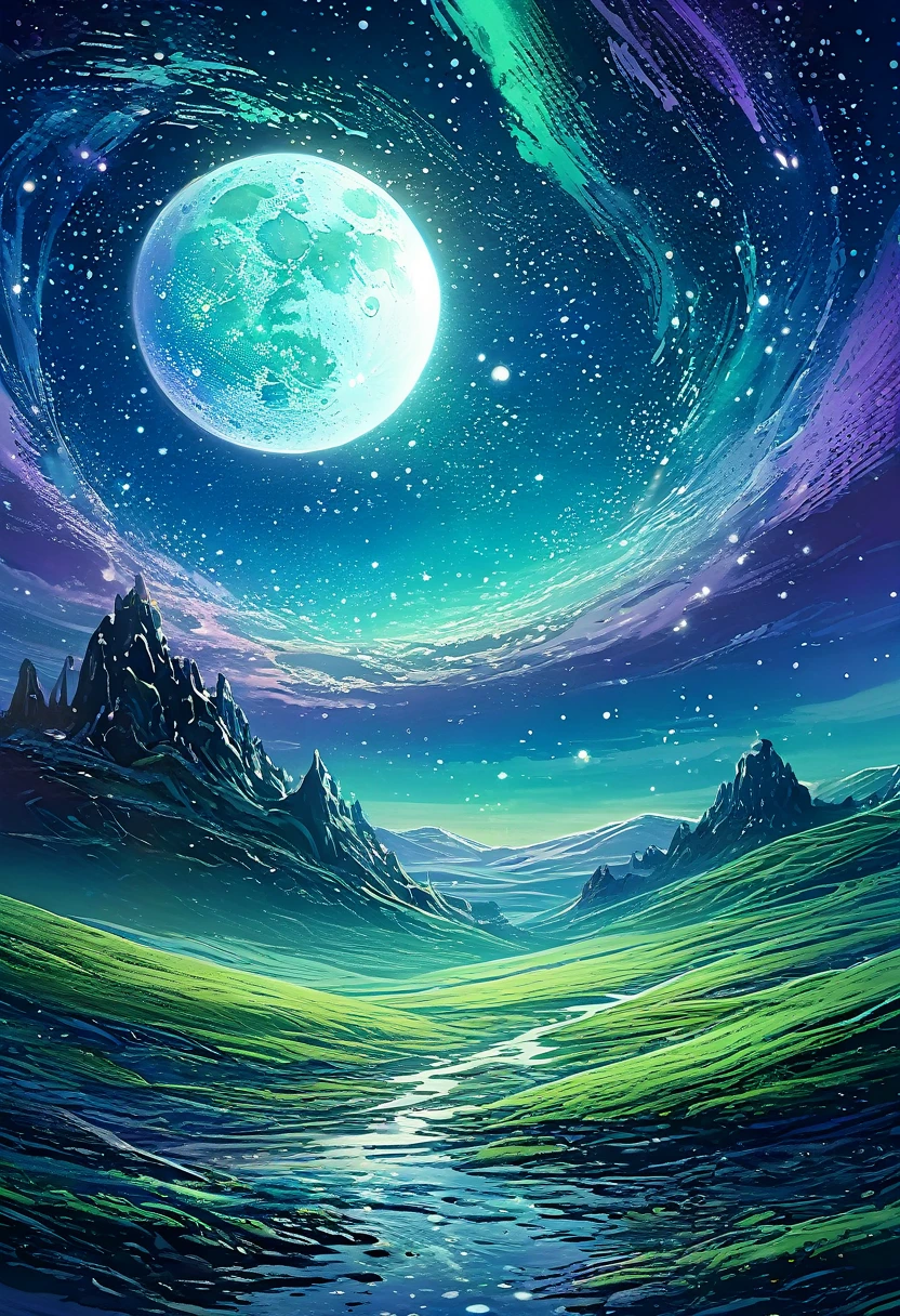 The moon is surrounded by many, Many shining stars. The starry sky twinkles,Brighter light trails. Surreal scene. Beautiful charming composition. Subtle shadows and highlights. Navy blue, Light blue and green, and purple tones. More color levels. Unpredictable vibrant tones dynamic high-detail HD movie close-up magical fantasy beautiful digital art