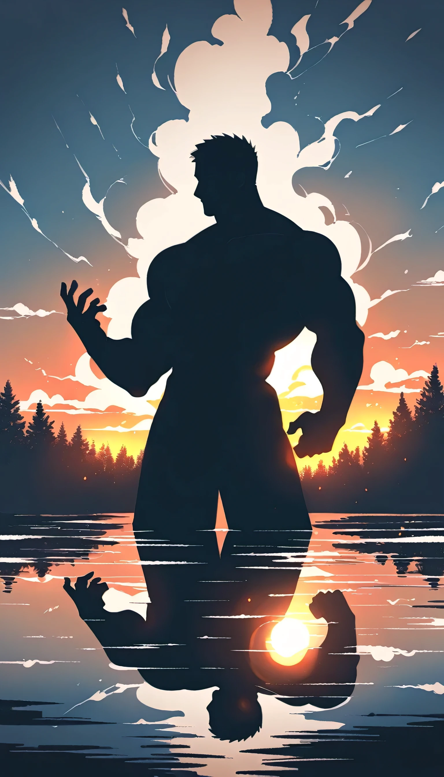 A Strong Buddhist muscular man stands in the smoke, Black jumpsuit, Very tight, Silhouette effect, Tall muscular man, Priapus, Dark Black, Dark black skin, Buzz Cut, His muscles are very developed, Very tall, short hair, Blend into the smoke, Lake, Reflection, Sunset, Sunset, Man silhouette, Chinese, black and white, Simple style