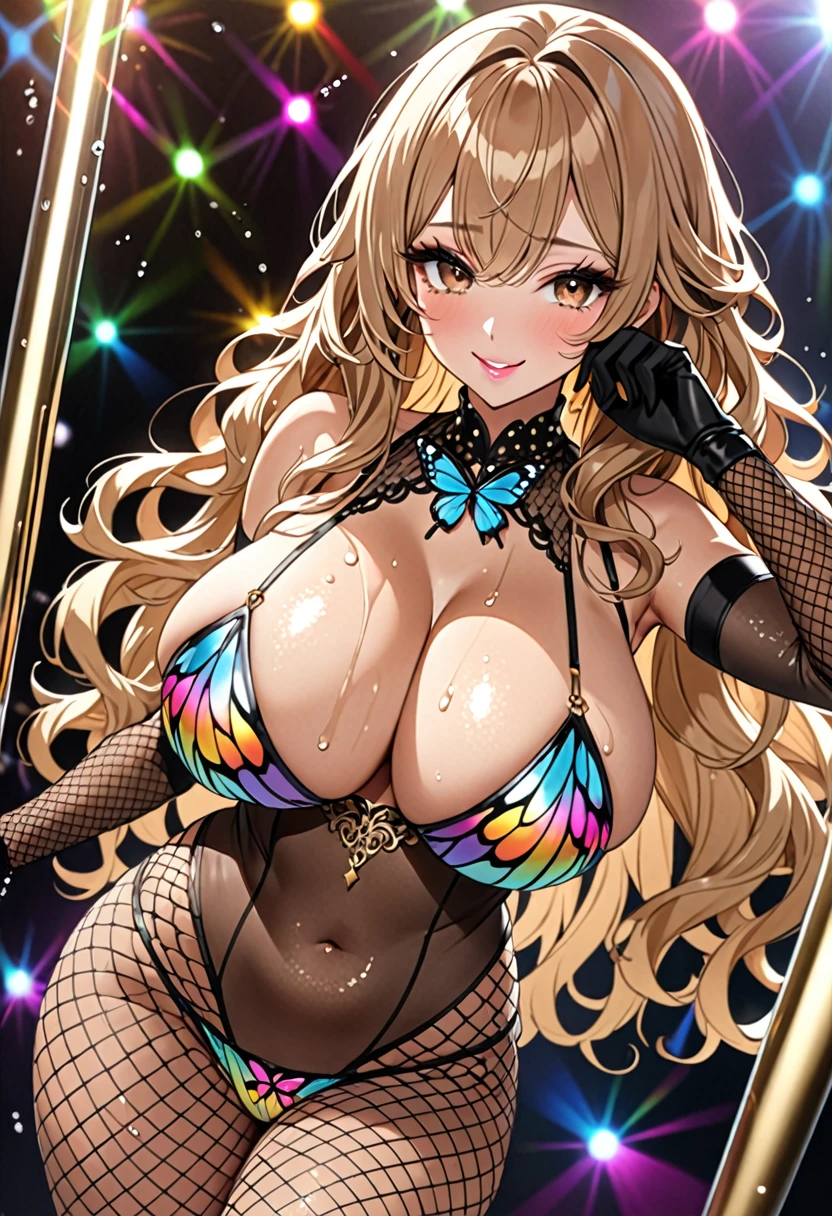 (Highest quality, Ultra-high resolution、The most complex and detailed depiction、masterpiece、8k, RAW Photos, Best image quality、Very detailedな顔、Attention to detail、Beautiful woman、Realistic、photo-Realistic、Very detailed, Beautiful attention to detail:1.5),(One adult woman:1.3)、(blush)、(Gal-style makeup、mascara 、eyeshadow、Dark eyeliner、Long and beautiful eyelashes、False eyelashes、double eyelid、heavy makeup、hostess、Brown eyes、:1.5),(A bra with a pale rainbow gradient butterfly pattern、Light rainbow gradient butterfly pattern panties:1.5)、Gorgeous jeweled necklace、Gold bracelet、A gorgeous gold tiara studded with jewels、Sheer black lace dress、Mesh fabric、Fishnet tights,(Black opera gloves)、(A seductive smile),(under boob、Huge breasts:1.2)、(Cleavage:1.2)、(((Light brown hair、Wavy Hair、Long Hair)))、elongated nose、Face with gills、(Very tanned and shiny skin、Perfect Style,sexy)、Saggy breasts、Large saggy breasts、((Sweat、Your body is wet))、((Dim Club、pole dance))、(Mirror ball)、Sleepy face