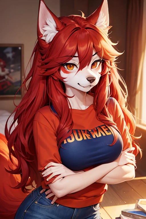 (work of art, Maximum quality, best qualityer, offcial art, beautiful and aesthetic:1.2) A Furry Wolf with Long Red Hair, Red Skin, gold eyes, wearing an orange sweatshirt, Red T-Shirt and Dark Blue Jeans.