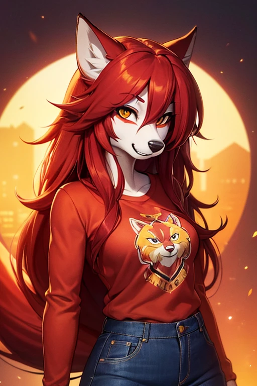 (work of art, Maximum quality, best qualityer, offcial art, beautiful and aesthetic:1.2) A Furry Wolf with Long Red Hair, Red Skin, gold eyes, wearing an orange sweatshirt, Red T-Shirt and Dark Blue Jeans.
