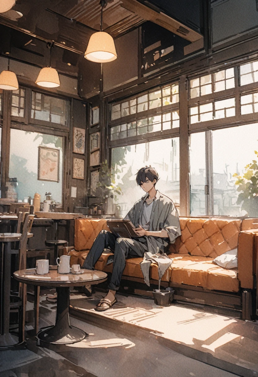masterpiece,最high quality,Very detailed,High resolution backgrounds,8k,there is nothing,high quality,break,japanese manga style, sketch, Watercolor Colors,Cafe with a nice atmosphere,antique interior,Stylish interior,Boy sits,slowly,relax,coffee, 