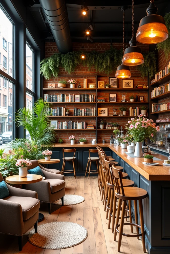A coffee shop with flower shop and bookstore at the same time