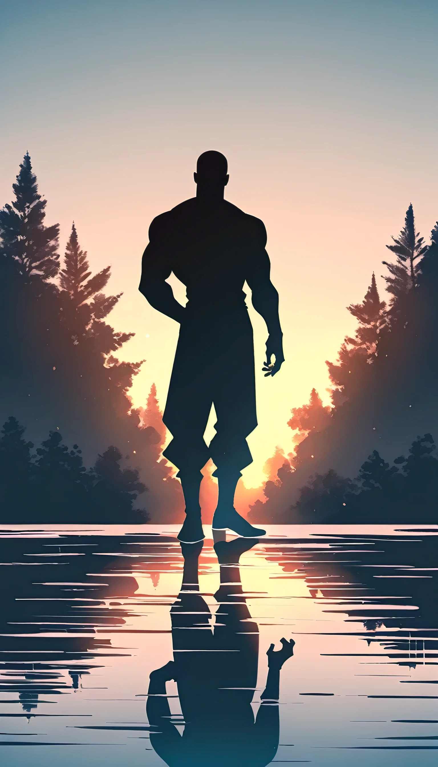 A Strong Buddhist muscular man stands in the smoke, Black jumpsuit, Very tight, Silhouette effect, Tall muscular man, Priapus, Dark Black, Dark black skin, Buzz Cut, His muscles are very developed, Very tall, short hair, Blend into the smoke, Lake, Reflection, Sunset, Sunset, Man silhouette, Chinese, black and white, Simple style