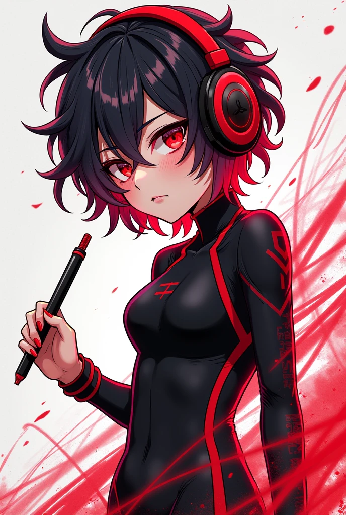 Light skin anime girl, crimson red eyes, short messy black and red hair, black and red gaming headsets, with black and red jumpsuit, that he is drawing the compadretes
