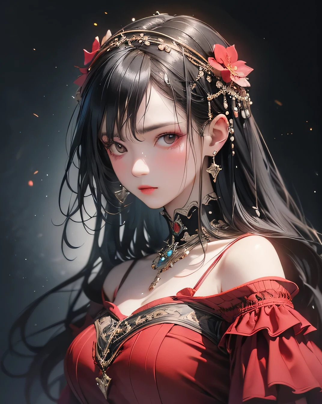 Highest quality, masterpiece, Ultra-high resolution, (Realistic: 1.4), RAW Photos, 1 person, Black Hair, Glowing Skin, (Beautifully detailed face), (Beautiful attention to detail),Dramatic lighting, whole body,, Red dress, huge