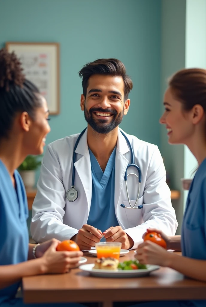 30 years Indian male doctor is eating lunch with the male, female nurses . He is in centre to the table, all are satisfied around to him. They all are smiling. His back side should be displayed, his face should not be displayed. He has light thin beard, good hair style.