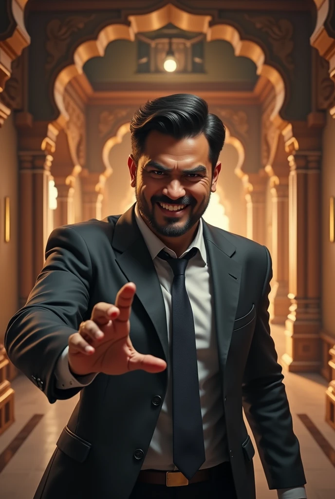 "Depict Veer a businessman with a look of growing frustration and anger. His eyebrows are furrowed, and his lips are set in a tight line. He is gesturing with one hand, possibly pointing towards the exit, as he argues about the importance of his work and his disbelief in the rituals. The background shows the serene temple contrasting with Veer's modern, pragmatic world view