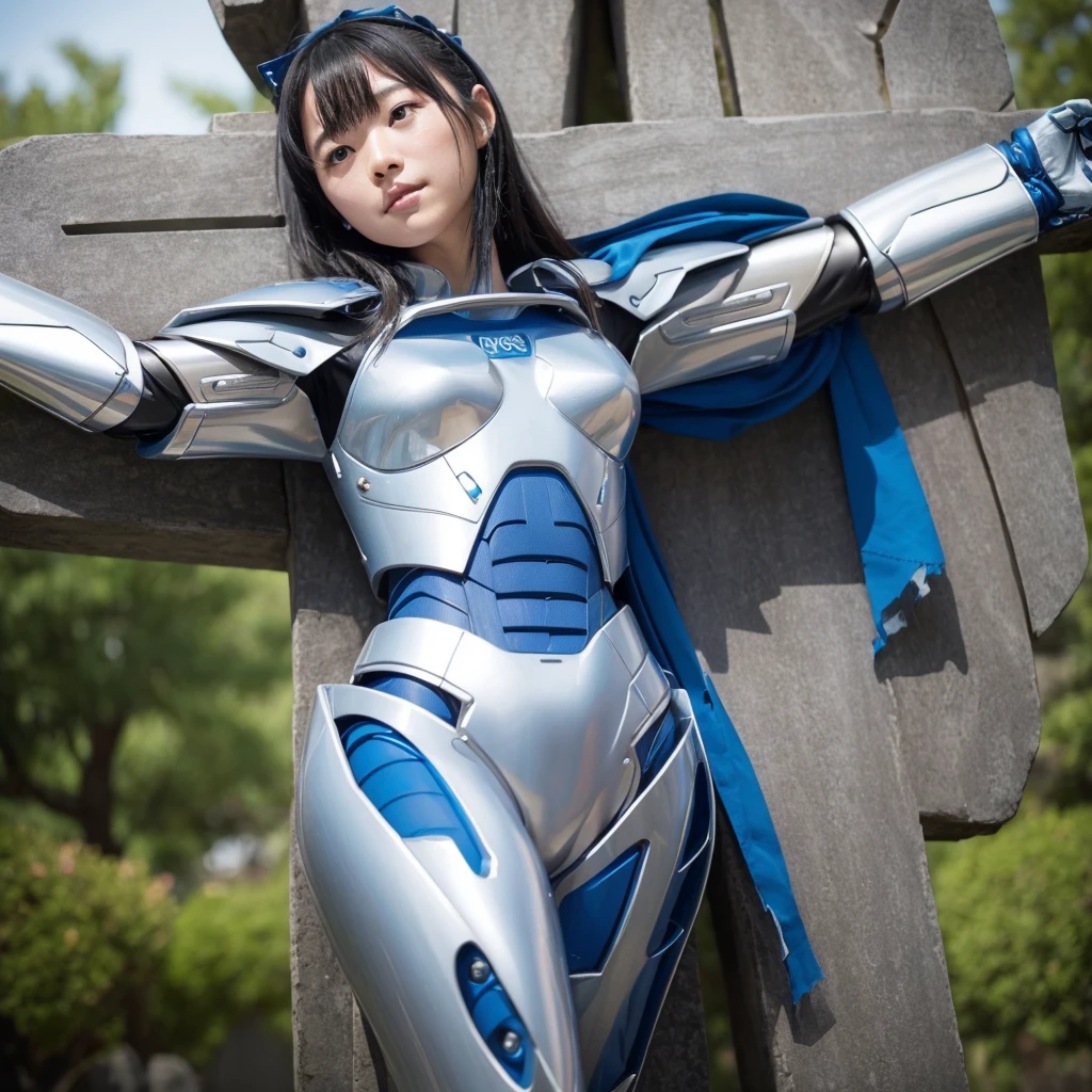 Highest quality,masterpiece,Ultra-high resolution, Very detailed, 8k,Beautiful 2 Japanese woman:1.5,Black Hair、((Crucifixion)),torture,slave,((クロスにCrucifixionにされた女性:1.5)),Crucifixion刑, Type X, (Silver and blue robot suit, Plump, Slightly thicker)