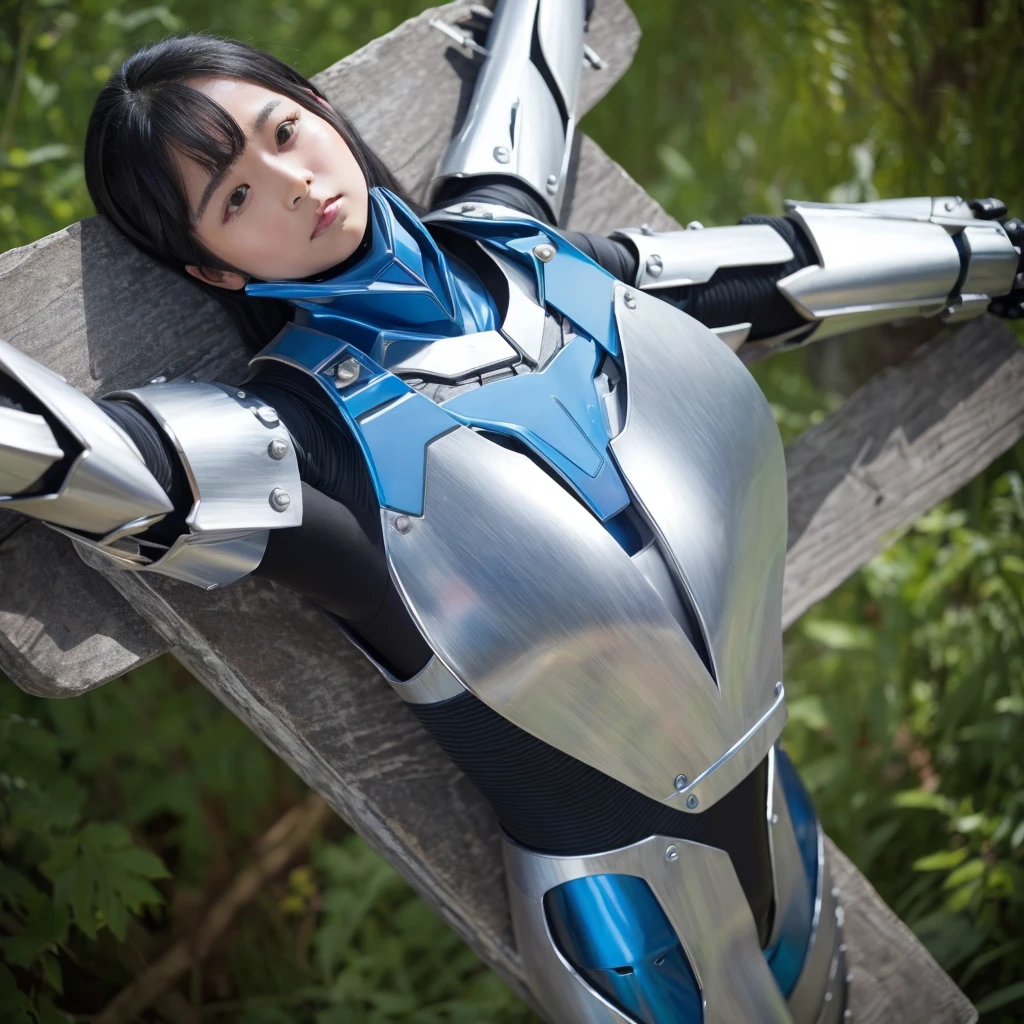 Highest quality,masterpiece,Ultra-high resolution, Very detailed, 8k,Beautiful 2 Japanese woman:1.5,Black Hair、((Crucifixion)),torture,slave,((クロスにCrucifixionにされた女性:1.5)),Crucifixion刑, Type X, (Silver and blue robot suit, Plump, Slightly thicker)