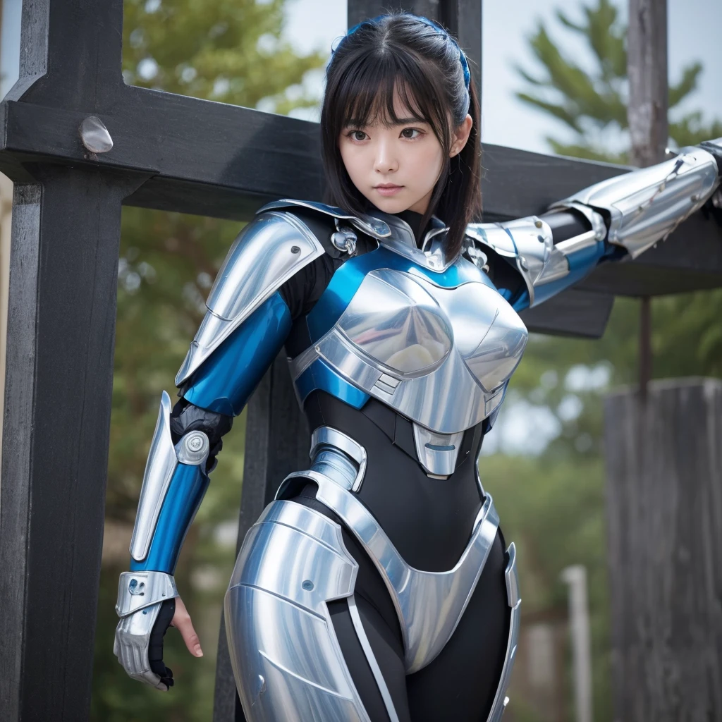Highest quality，masterpiece，Ultra-high resolution, Very detailed, 8k，Beautiful 2 Japanese woman:1.5，Black Hair、((Crucifixion))，torture，slave，((クロスにCrucifixionにされた女性：1.5)),Crucifixion刑, Type X,  (Silver and blue robot suit, Plump, Slightly thicker)